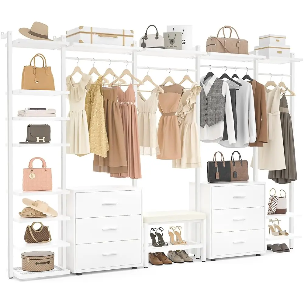 

8Ft Closet Organizer With 6-Drawers, 96'' Wood Organizer With Storage, Clothing Ra Wardrobe Closet Garment Ra For Hanging