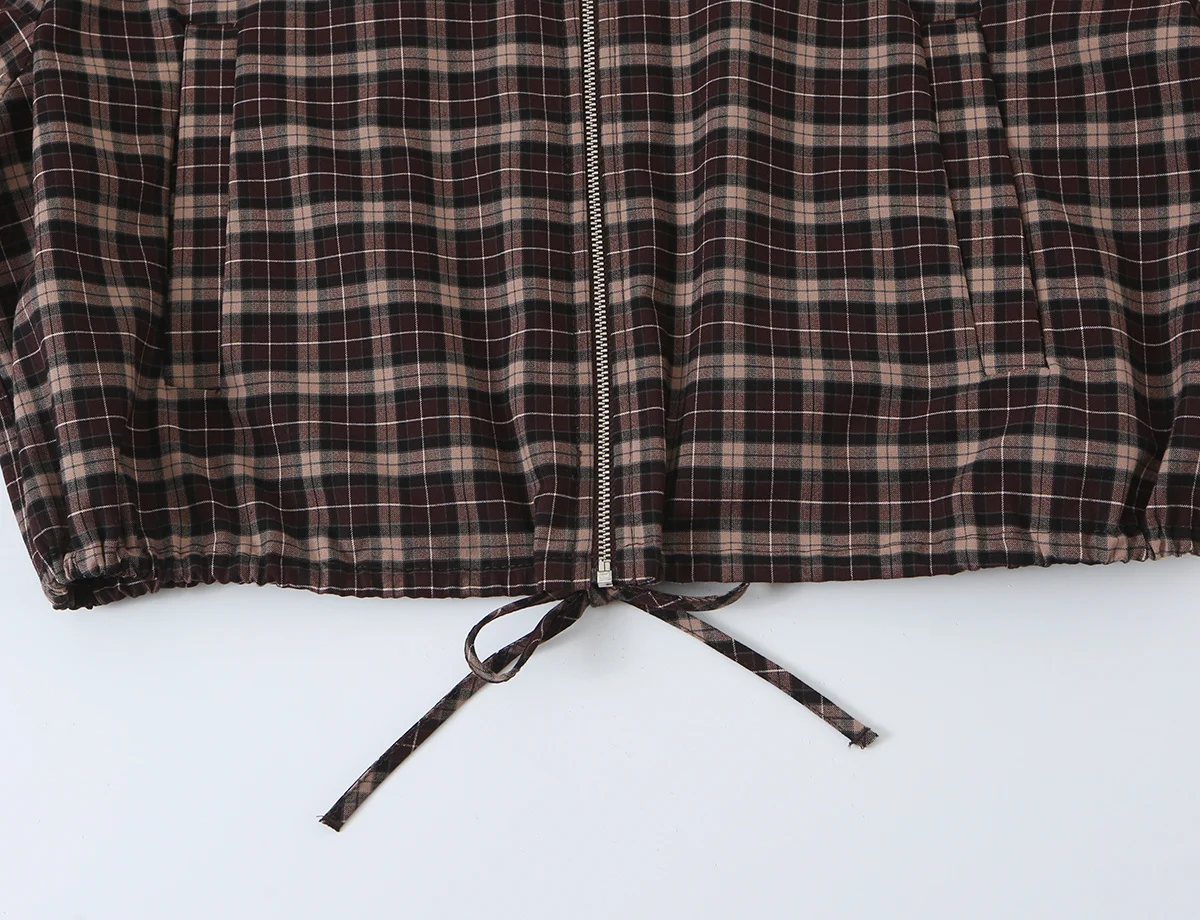 TFMLN Damen Karierter Rock-Set Vintage Stehkragen Taschen Reißverschluss Langarm Kurze Jacke Mode Minirock Herbst Freizeit-Sets – Detail 8