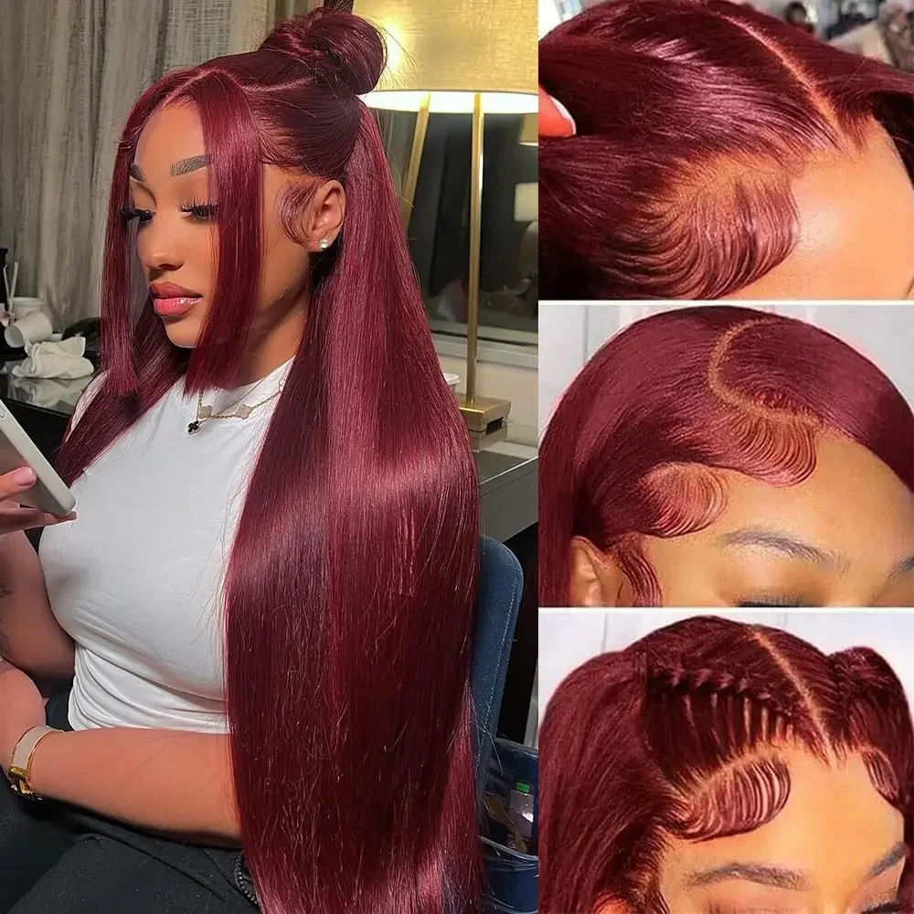 99J Burgundy Colored 200 Desnity Straight Full Frontal 13x4 13x6 HD Transparent Lace Front Remy Human Hair Wigs 40 50 Inches