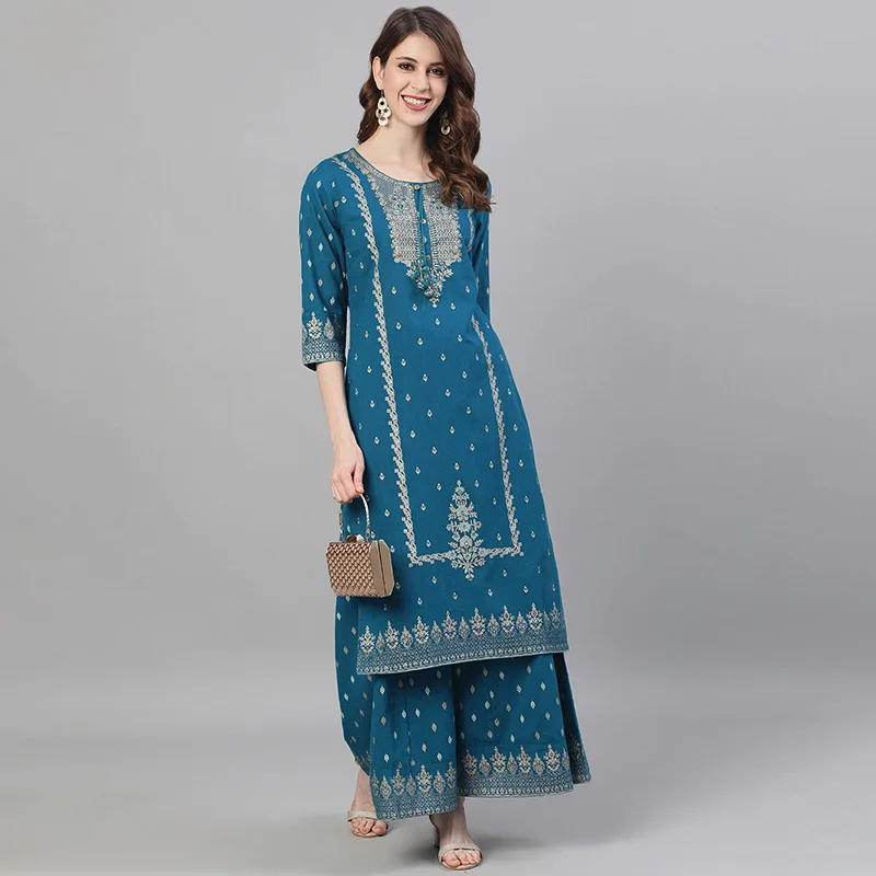 Indian Apparel Women's Ethnic Set 2-Piece Cotton Printed Navy Blue Indian Traditional Dress Cotton Printed 3-piece Suit