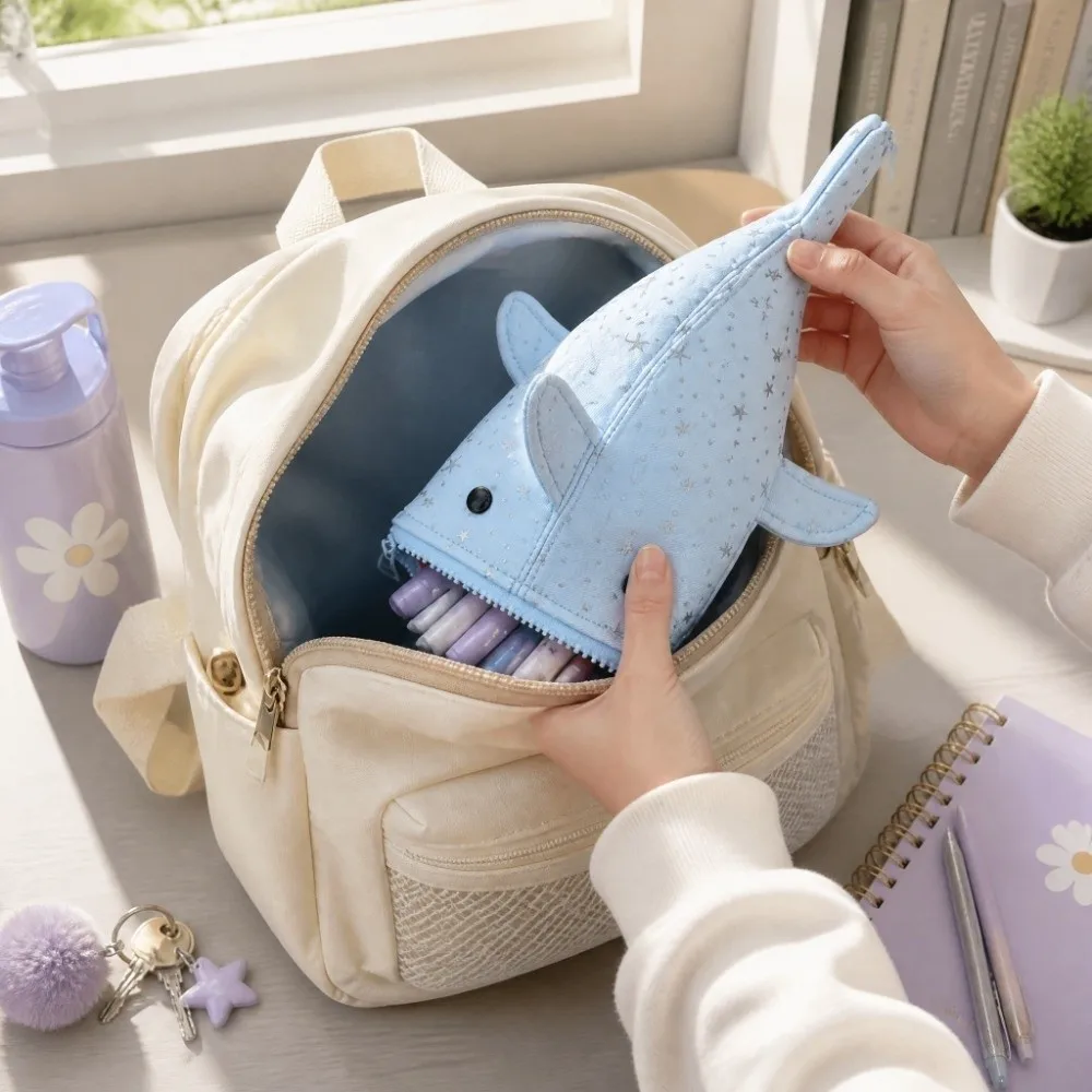 Large Capacity Shark Pencil Case Kawaii Lightweight Animal Stationery Pouch Zipper High Appearance Level Pencil Holder Office