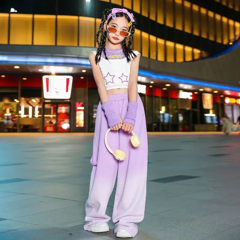 

Укороченные топы для девочек в стиле хип-хоп, брюки градиентного цвета, детский топ на бретелях, уличная одежда, комплекты одежды, детские уличные танцы, джазовое шоу, милые костюмы