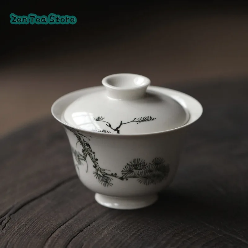 White Pottery Pine Cover Bowl Chinese Style Hand-painted Two Tea Cups Tea Bowl Retro Small Tea Bowl Not Hot Individual Tea Cup