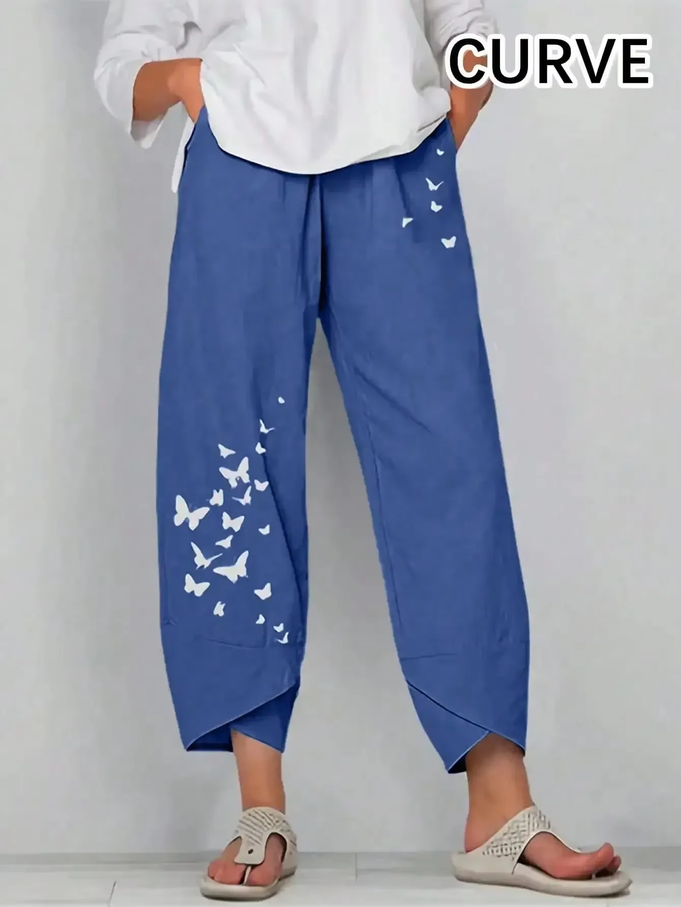 

Plus size Women's Fashion Wide Leg Cropped Pants with Elastic Waistband and Butterfly Pattern Pants Ladies Casual Pants