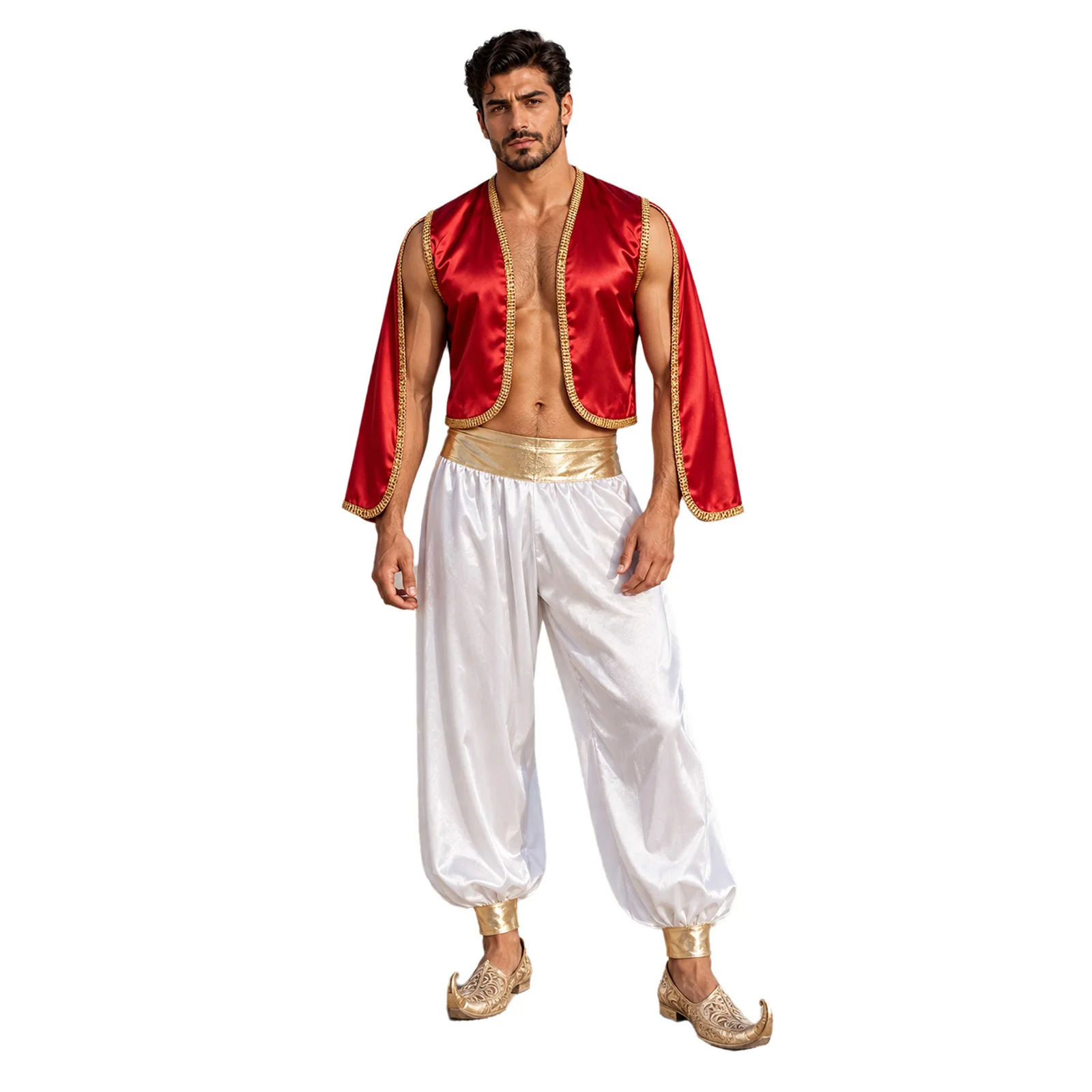 Men Arabian Prince Magical Lamp Dress Up Outfit Satin Open Front Vest with Harem Pants for Halloween Theme Party Performance