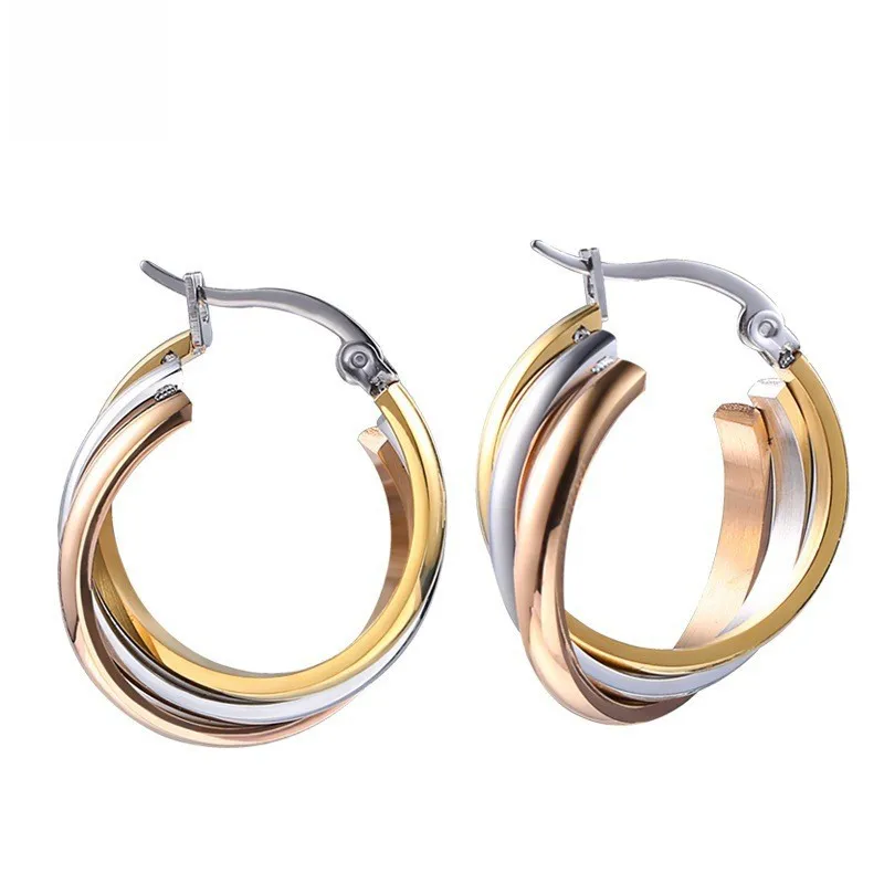 Stainless Steel Gold Plated Women Trinity Three Color Eternal Hoop Earrings Jewelry Gift For Him