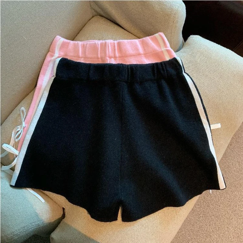 Bomon Autumn/Winter Women's Shorts Korean Y2K Straight Leg shorts with bow stripes Casual all-in-one sports style knit shorts