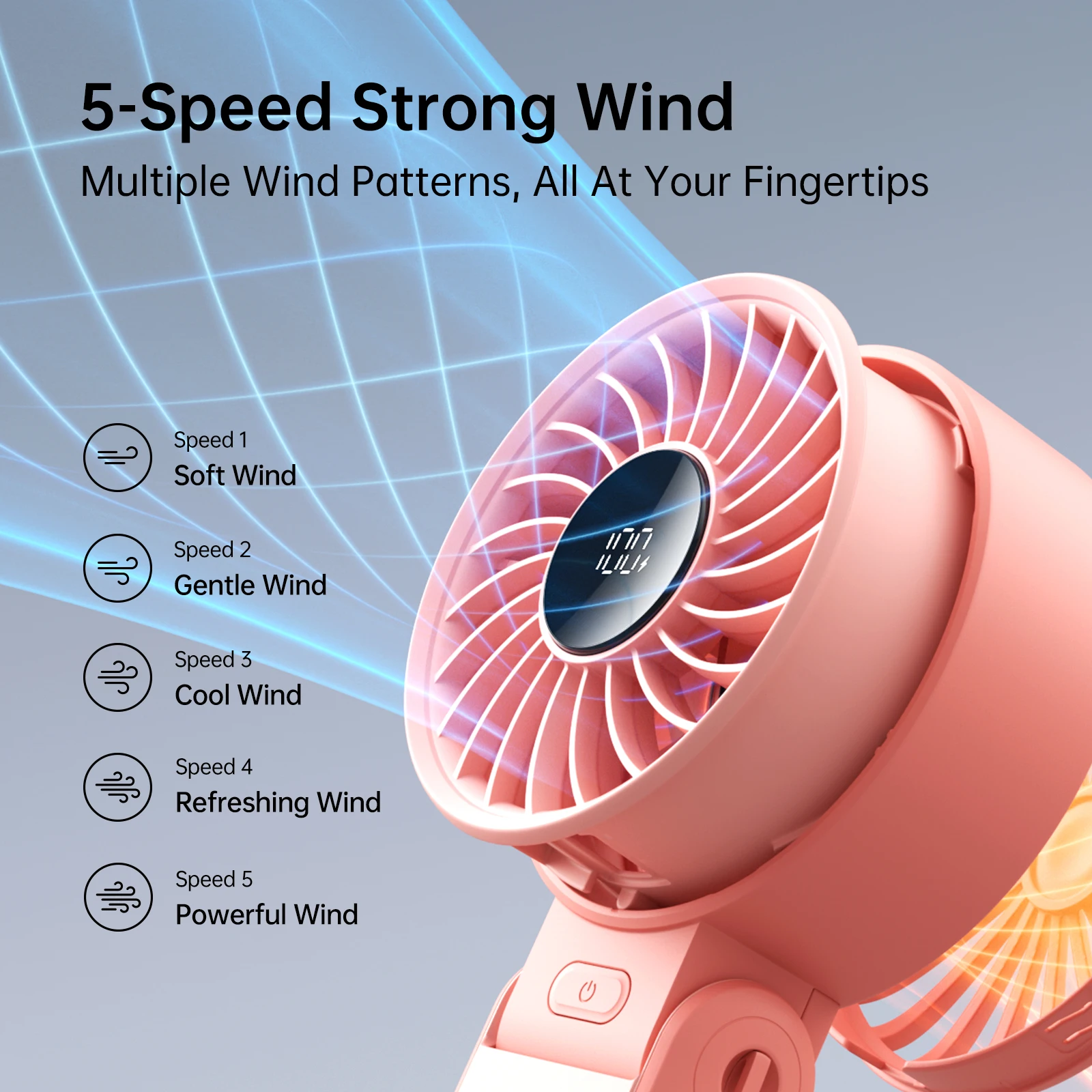 JISULIFE Portable Handheld Fan with LED Display,5 Speeds,5000mAh,150°Folded,3-IN-1 Hand/Desk/Neck Multifunction Personal Fan