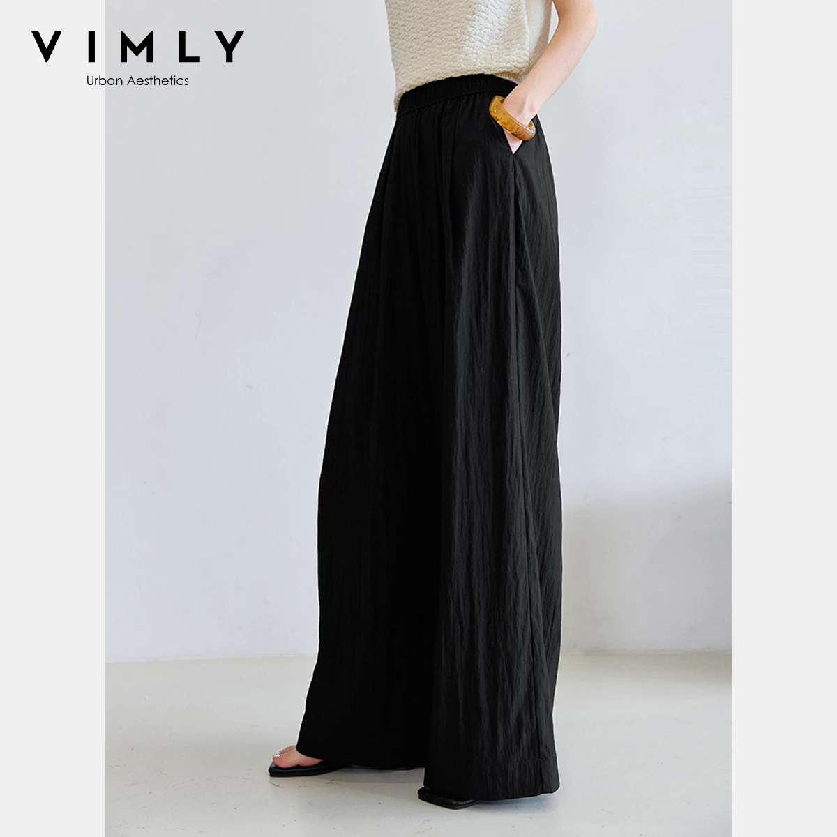 VIMLY Summer Long Baggy Pant 2025 Women's Elastic High Waist Loose Wide Leg Casual Full Length Trouser Woman Clothing M9877