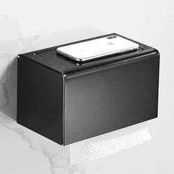 Toilet Paper Holder with Phone Shelf  Matte Black Wall Mounted Toilet Paper Roll Holder Drilling Tissue Roll Holder with Shelf