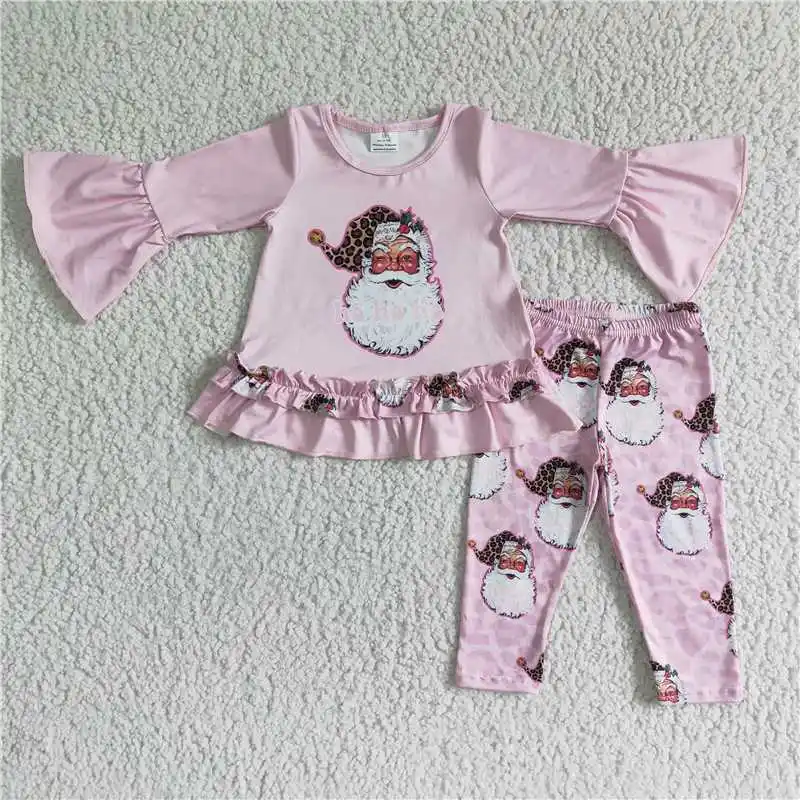 New Fashion Baby Girls Embroidered Christmas Tree Plaid Pink Bow Long Sleeve Pants Set Wholesale Boutique Children Clothes RTS