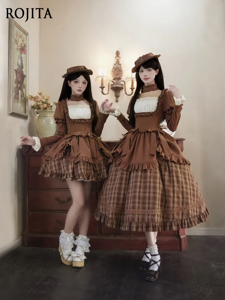 

Plaid Skirt Hem Pull OP Twin Lolita Japanese Style Autumn Bubble Long Sleeve Retro Square Neck Lolita Dress or Women