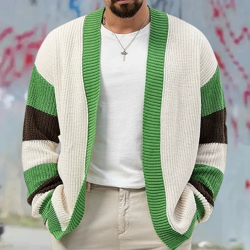 

Men's knitted sweater elegant loose contrasting color woolen cardigan jacket thick thick thick needle sweater men