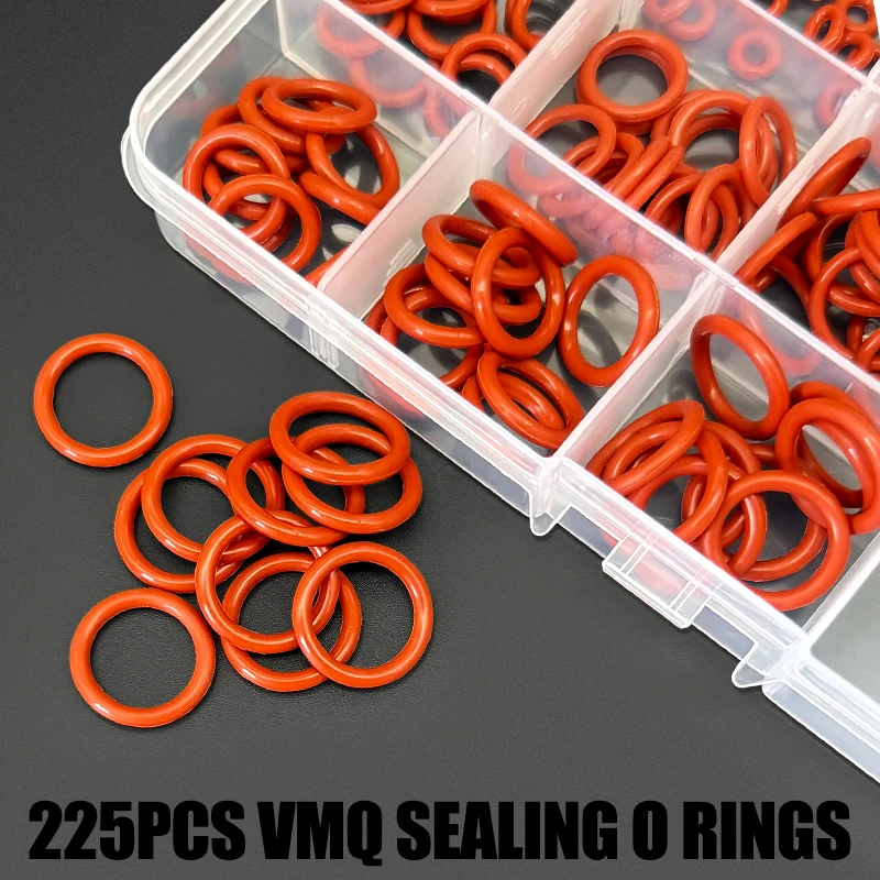 225PCS Silicone O Ring Set CS1.9mm/2.4mm Food Grade VMQ High Temp Seal Gaskets Sealing Ring Kit Box for Industrial Equipment