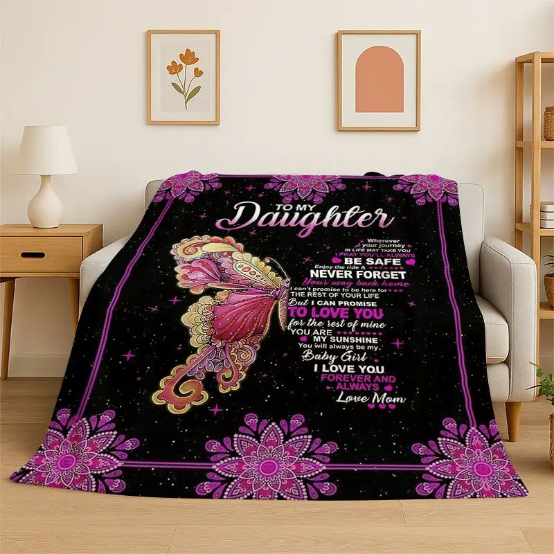 Gift Thanks To My Daughter Letter Present Flannel Blanket Soft Throw Blanket for Bedroom Living Room Bed Travel Picnic Nap Cover