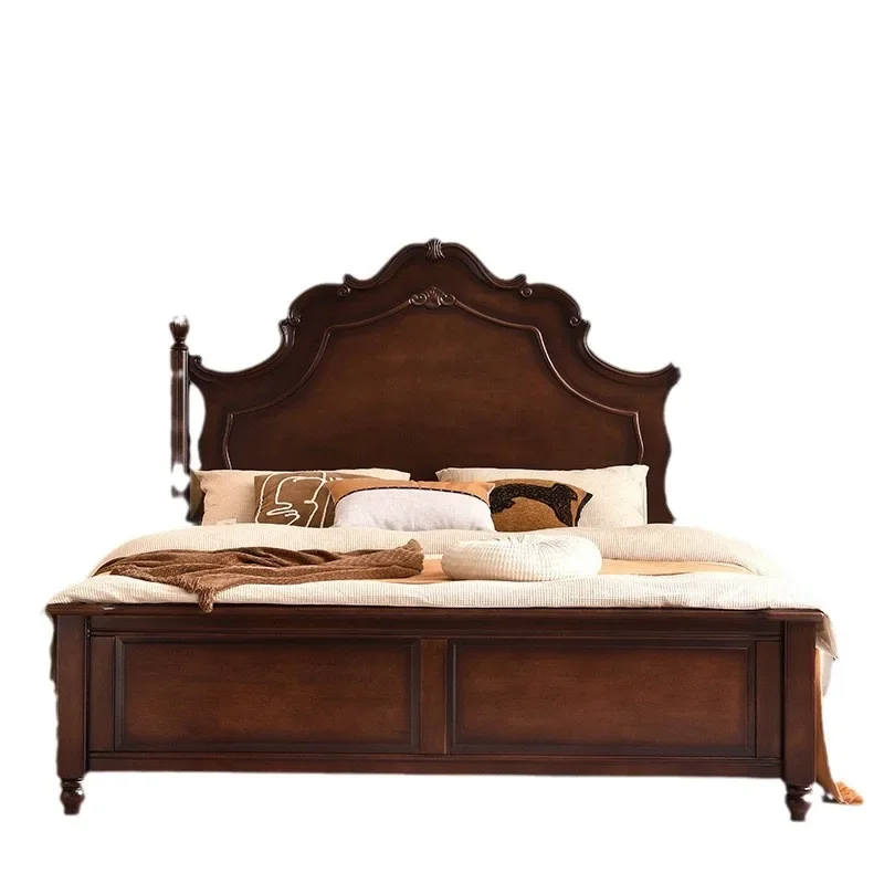 

French antique style, retro solid wood bed, American double bed, master bedroom bed furniture
