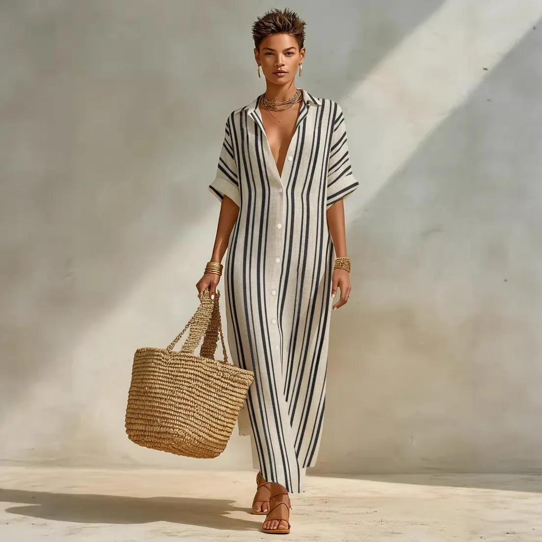 Summer Woman Shirt Dress Open Front Digital Print Long Dress Striped Loose Waist Maxi Dress Beige Button T-Shirt Dress Navy