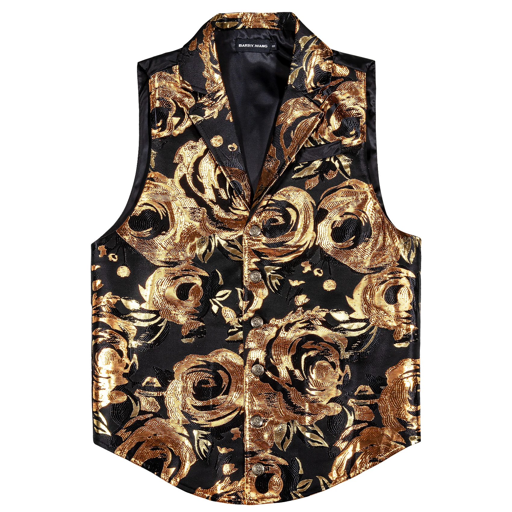 Gold Floral Men Suit Vest Lapel V Neck Silk Waistcoat Jacquard Weave Casual Formal Groomsman Jacket For Men Wedding Barry.Wang