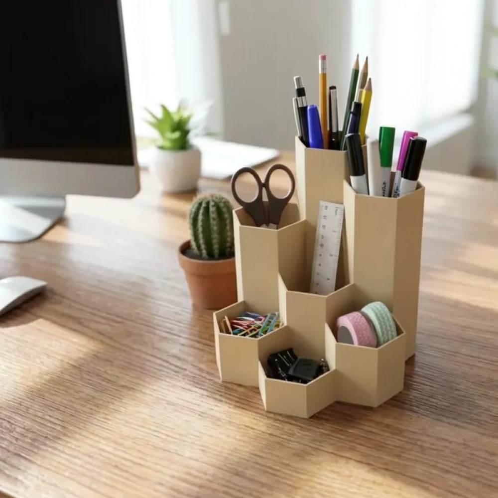 Stylish 3D Printed Hexagonal Pencil Cup Holder Desk Storage Organizer For School Stationery Home Office Decor