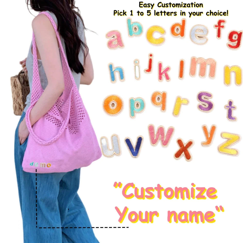 

Custom Colorful Alphabet Patch Knit Mesh Tote Bag Personalized Name Hollow Crochet Shoulder Bag Summer Beach Market Shopping bag