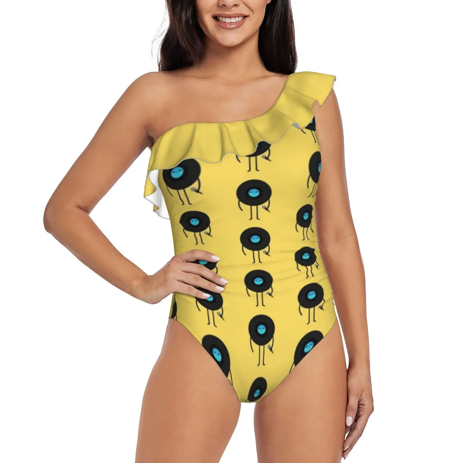 Pop Vinyl Disk One Shoulder Ruffle Swimsuit One-Piece Beach Bathing Suit Print Sexy Women Swimsuit Vinyl Disk Pop Music