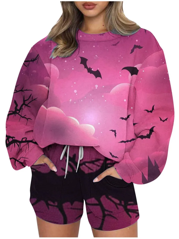 

2024 New Women Sweatshirt Set Halloween Bat Print Round Neck Loose Pullovers Ladies Autumn Winter Casual Drawstring Short Pant