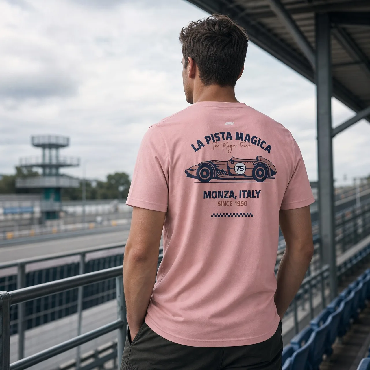 Vintage F1 Monza Men's T-shirt Pink Classic Racing Monza Italian Pattern Round Neck Short Sleeve T-shirt
