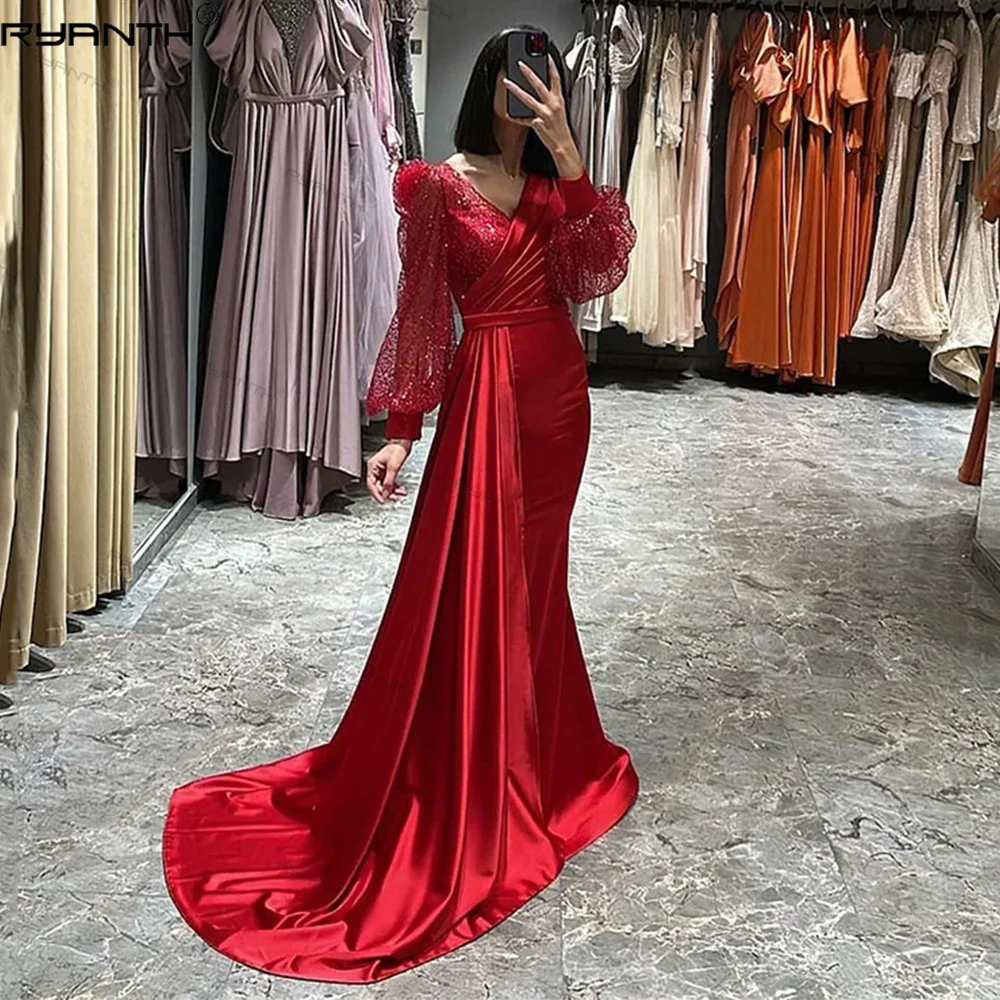 

Ryanth Red Celebrity Gowns Mermaid Evening Dress Full Puff Sleeve V-Neck Maxi Prom Wedding Party Dress vestidos de fiesta 2024