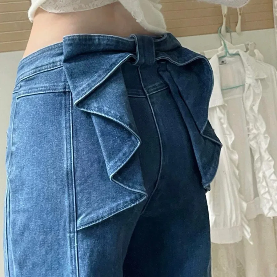 Jeans mit Schleifendetail für Damen, Hose mit hoher Taille und weitem Bein, Vintage-Blau, schlankmachende schmale Palazzos für den Herbst