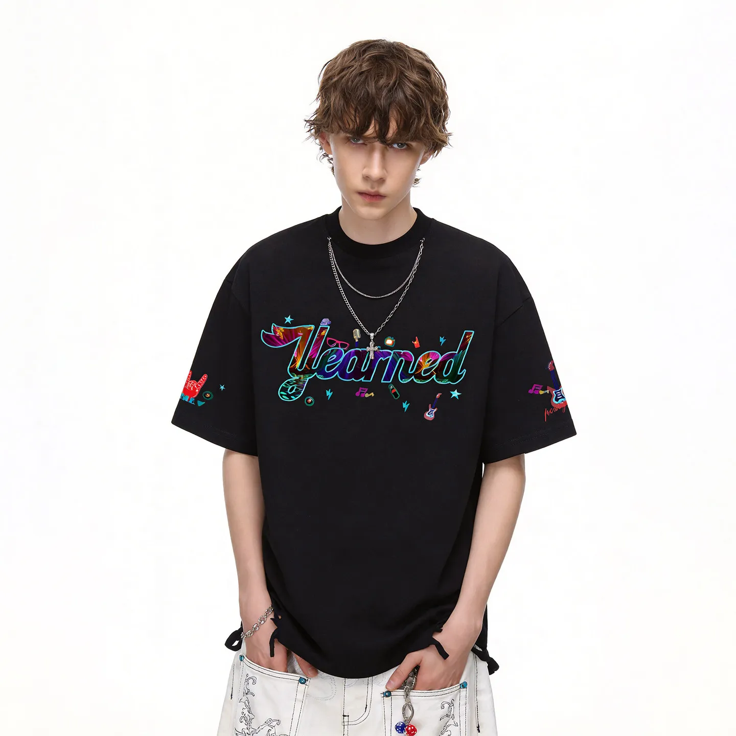 Summer New American Street Rock Punk Style Men's Black White T-Shirt Colorful Letter Print Round Neck Short Sleeve Tee