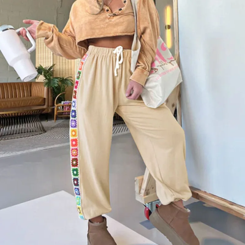 Women Colorful Crochet Loose Pants Casual Joggers Sporty Drawstring Trousers Female Elastic Waist Track Pants Ladies Sweatpants