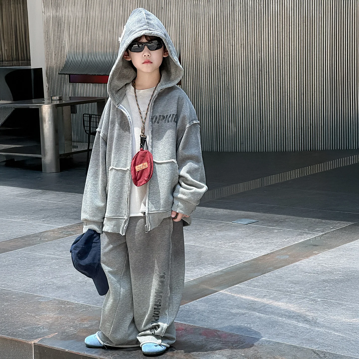 

Children Clothes Boys Set Autumn Korean Styl 2025 New Trendy Knitted Solid Color Fashionable Hooded Sporty Loose Two-piece Set