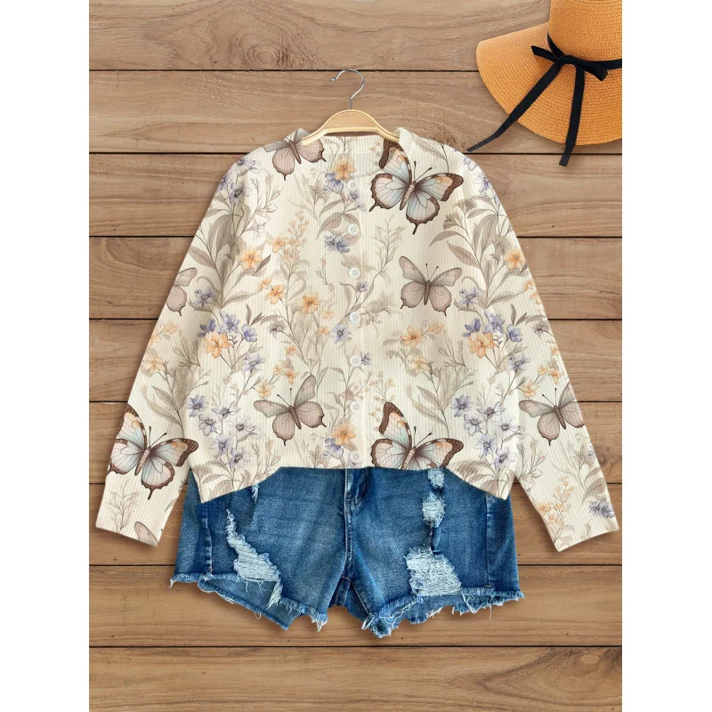 

Butterfly Floral Digital Print Women's Knit Cardigan Thick & Loose-Fit Crew Neck Long Sleeve Autumn/Winter Casual Style