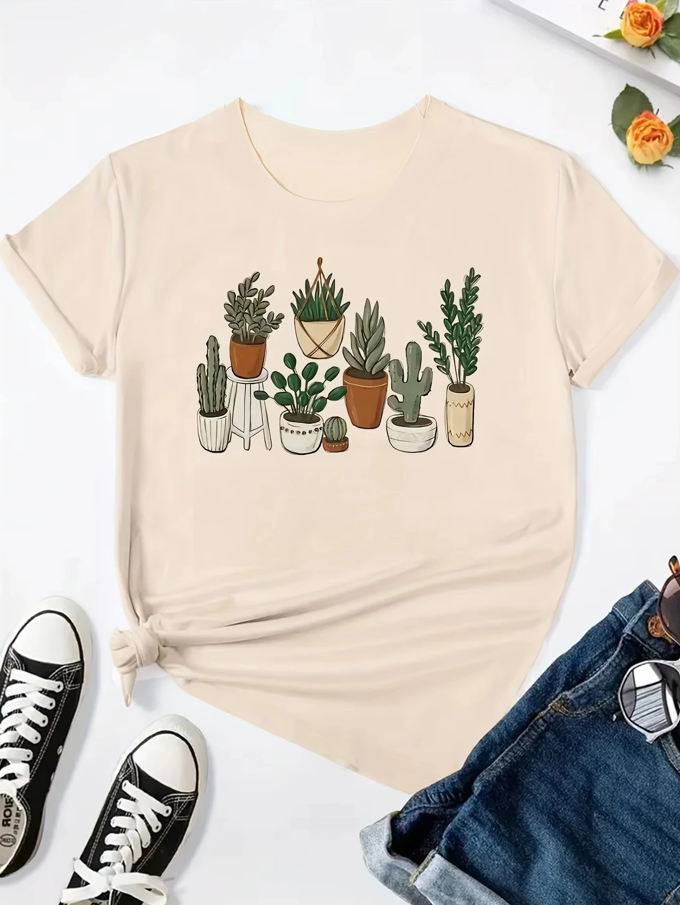 Cactus Botanical Garden Pattern Print Women Tee Summer Short Sleeve Crewneck Casual Daily Hot Sale Women Simple Stylish Clothing