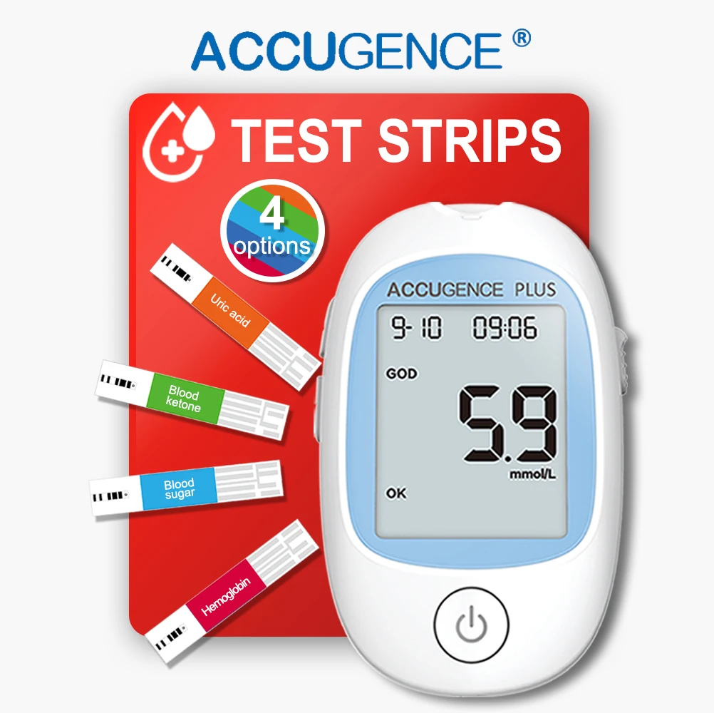 Bandelettes de test ACCUGENCE pour la glycémie, les corps cétoniques, l'acide urique et l'hémoglobine, compatibles avec les moniteurs de glycémie PM800 et PM900.