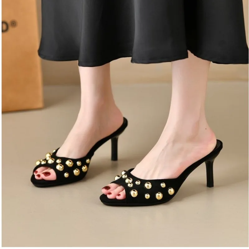 2025 Summer Women's High Heel Slippers Thin Heels One Kick Rivet Dress Sandalias outdoor Fashion Open Toes Stiletto Shoes Mujer