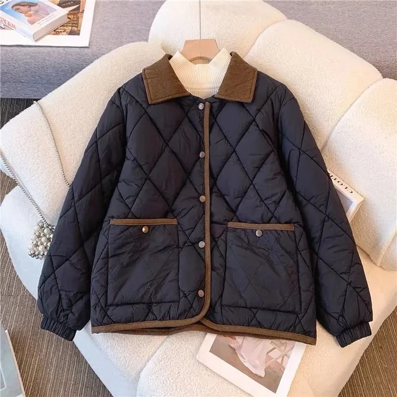 2025 New Women Cotton Jacket Parka Small Fragrant Style Lightweight Cotton Coat Winter Contrasting Color Corduroy Warm Outerwear
