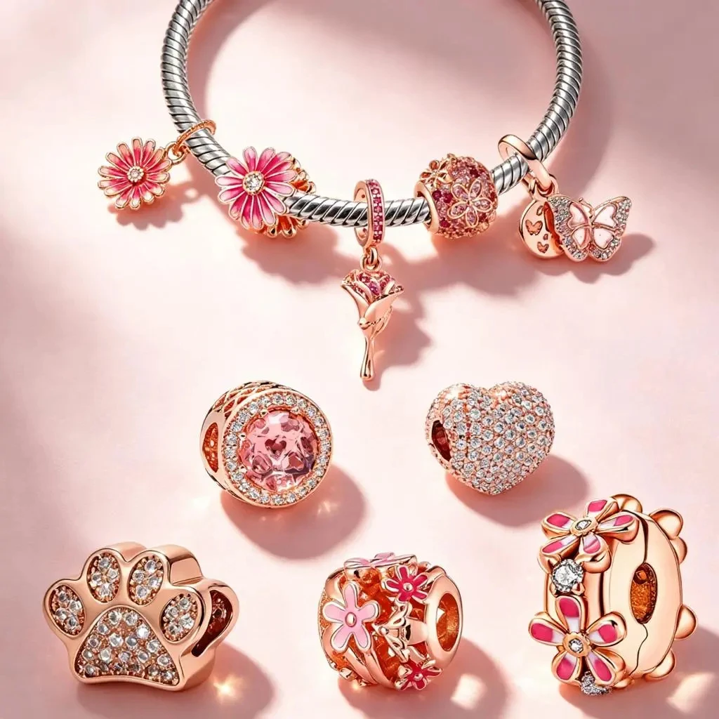 Bestseller Roségold Charm DIY Schmuck Geschenk Rosa Gänseblümchen Abstandhalter-Clip Kirschblüten Pfotenabdruck Perlen Passend für Original 925 Silber Armband
