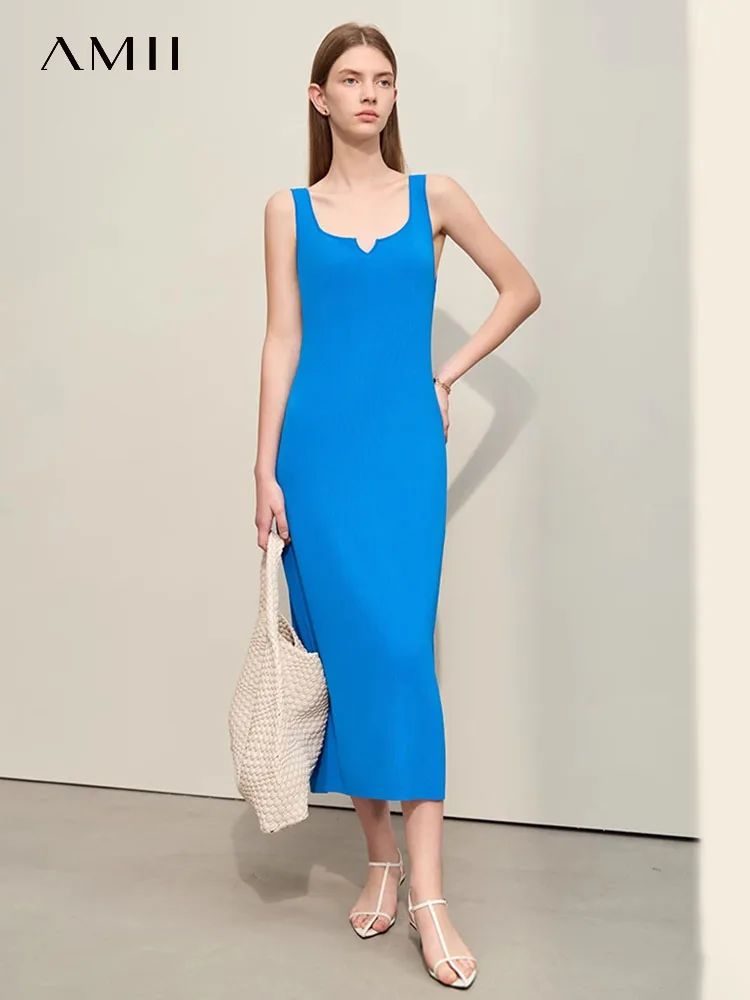 Amii Minimalism Knitted Dress for Women 2024 Summer New Slim Mid-length Sleeveless U-neck Solid Trendy Female Vestidos 12442098