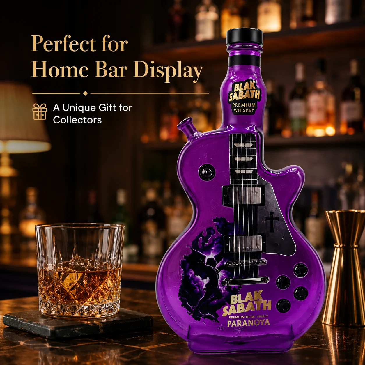 Black Sabbath Guitar Shaped Glass Whiskey Decanter Purple Liquor Bottle Rock Music Bar Decor Collector Gift
