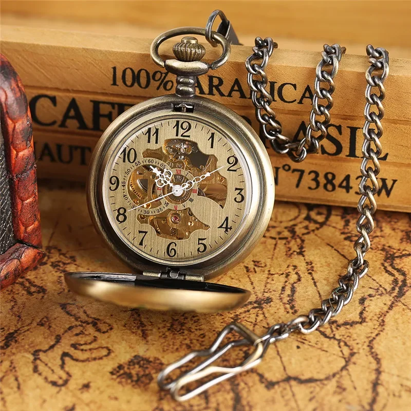Bronze Green Crystal Flowers Men Women Hand Winding Mechanical Pocket Watch Skeleton Pendant Chain Clock Timepiece Gift