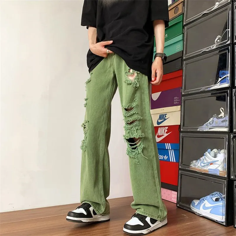 Green Jeans Men\'s Clothing High Street Ripped Straight Pants Solid Color Button Pocket Trousers Loose A008