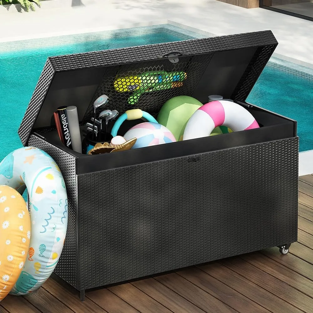 

230 gallon wicker deck box with wheels and handles, all-weather outdoor storage box, rattan storage bin for patio furniture, poo
