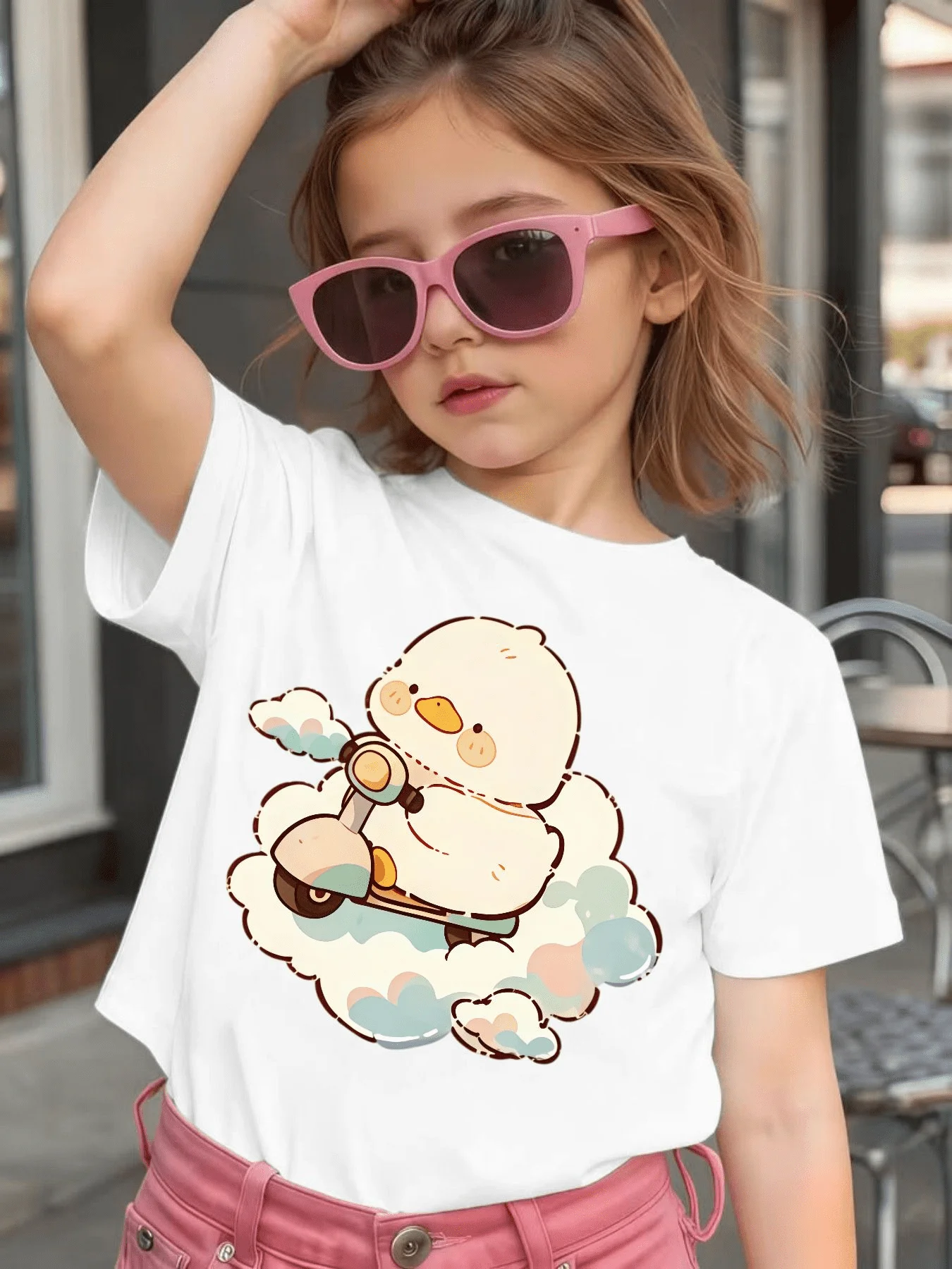 Kids Matching Tee Cute White Duck Riding Scooter Cloud Cartoon Print Boys Girls Soft Short Sleeve Fashion Daily Casual Tops