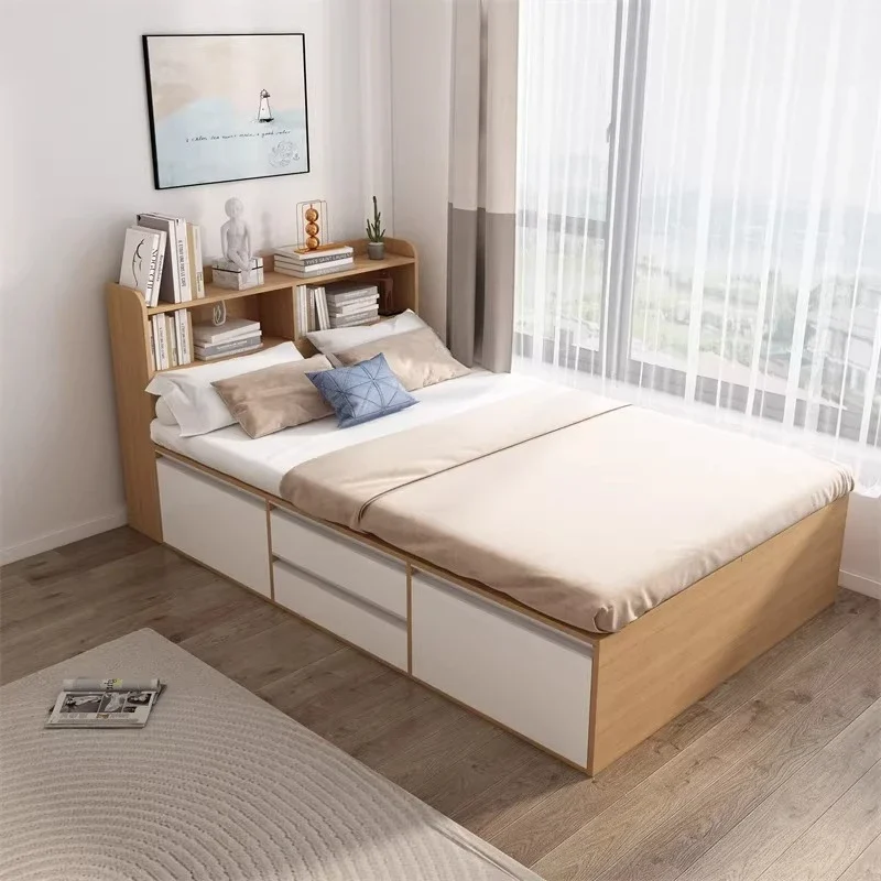 Nordic high box storage bed 1.2m single 1.5m solid wood double, bookshelf bed, with drawers, Japanese tatami storage
