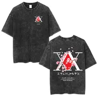 Camiseta lavada Vintage con Logo de Anime Hunter X Hunter, camiseta gráfica de flor de cerezo Killua Gon, camiseta informal de gran tamaño a la moda para hombre