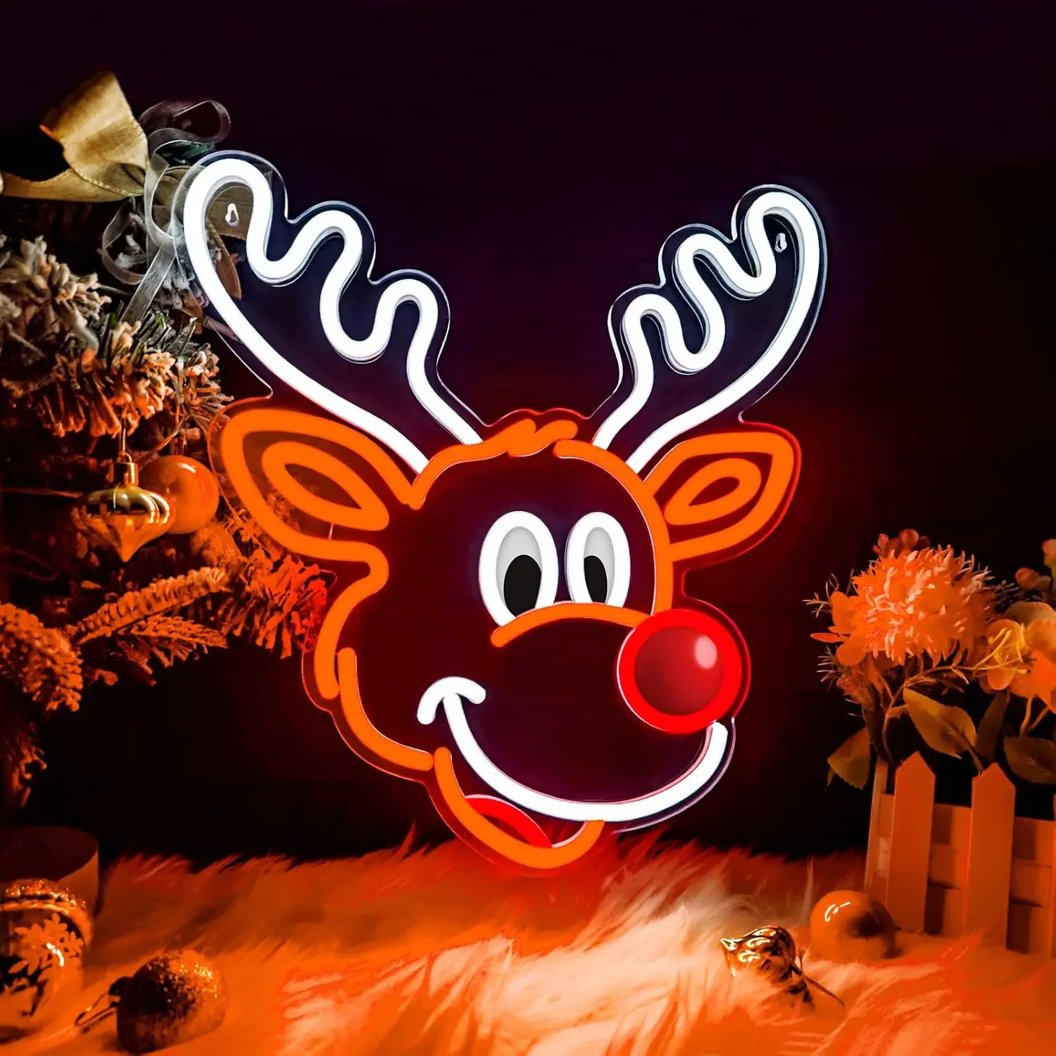 

Cute Christmas Reindeer Neon Sign with Red Nose LED Light for Xmas Home Party Decor Warm Orange Glow Festive Wall Art Gift Idea