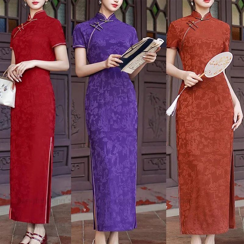 

Большой размер 3Xl 4Xl китайское платье женское элегантное Cheongsam улучшенное традиционное китайское Ципао жаккардовое платье костюм команды сценического шоу