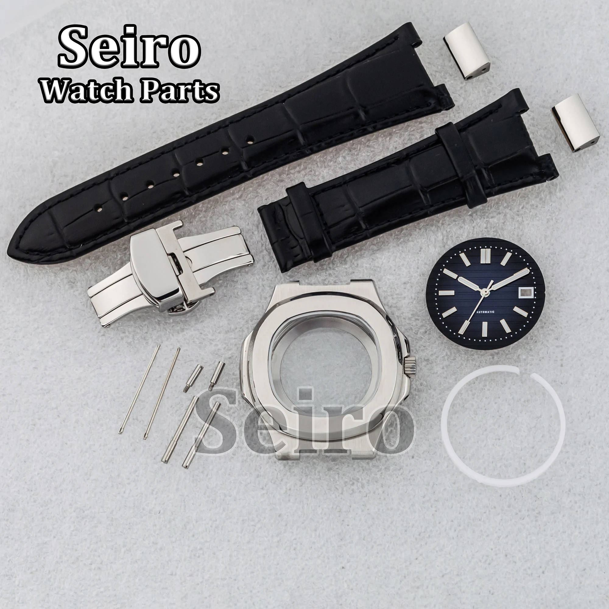 

Silver 41MM Watch Case Sapphire Glass Genuine Leather Strap Bracelet Luminous Dial Hands for Nautilus NH35 NH36 NH38 Movement