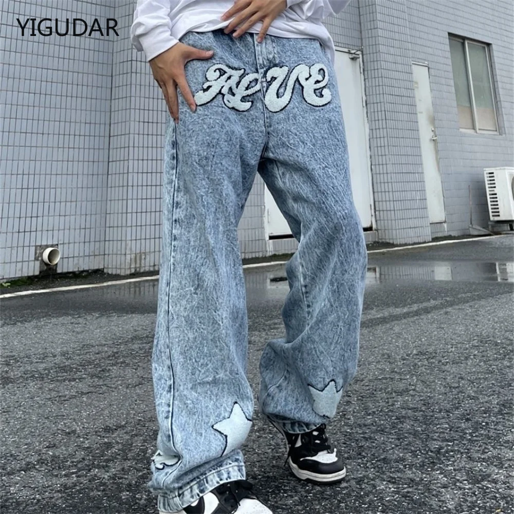 

Trousers Cross Men's Straight Jeans Neutral Denim Stitch Loose Wide Leg Men Jeans Quality Casual Baggy Trousers Street Hip Hop